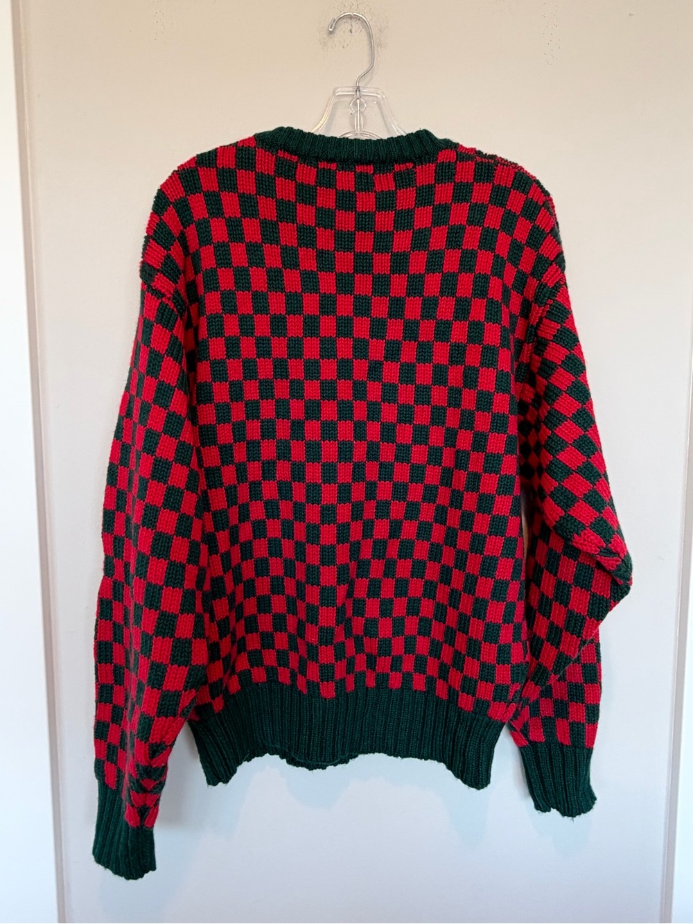 Faconnable Heavyweight Wool Red & Dark Green Checkerboard Crewneck Sweater - Picture 2 of 4